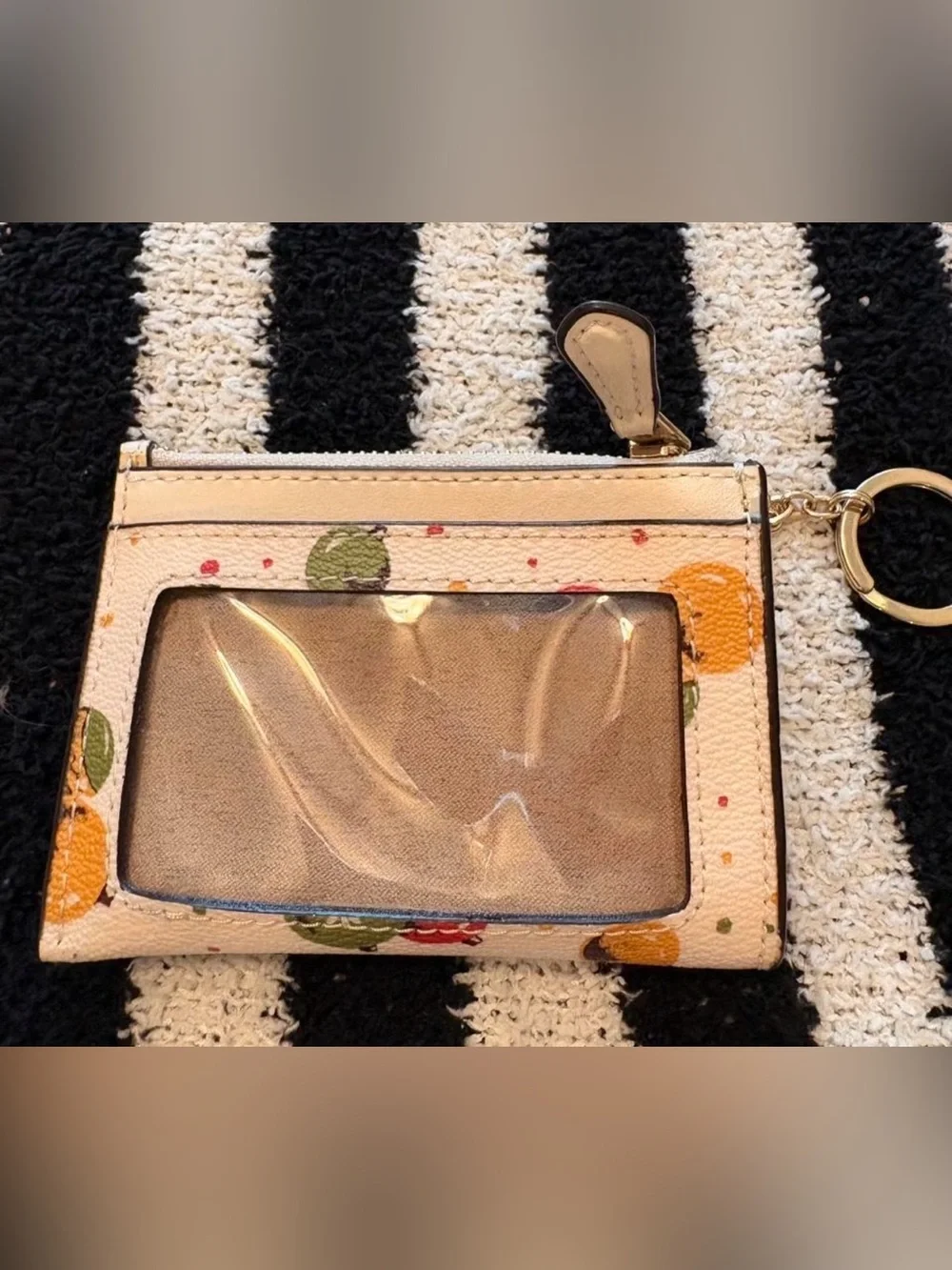 Coach Cream Card Case with Pink and Green christmas ornaments